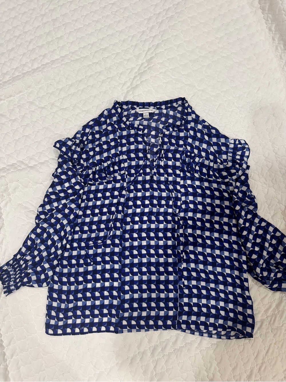 Counterparts Blue Geometric Ruffle Shoulder Blouse